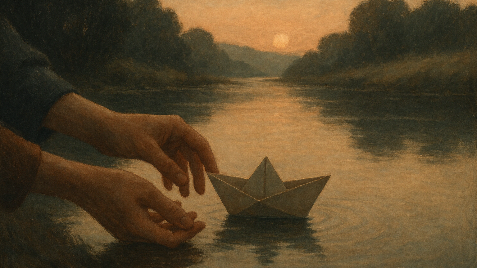 Deux mains qui lâchent un petit bateau en papier sur une rivière calme à l aube, symbole de laisser partir une relation sans amertume