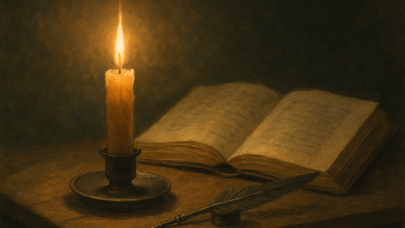 Bougie unique allumée sur un bureau ancien avec un livre ouvert et une plume, métaphore des Lumières et du courage de penser par soi-même
