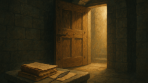 Porte entrebâillée d où s échappe une lumière chaude, livres anciens et plume au premier plan, métaphore kantienne de sapere aude