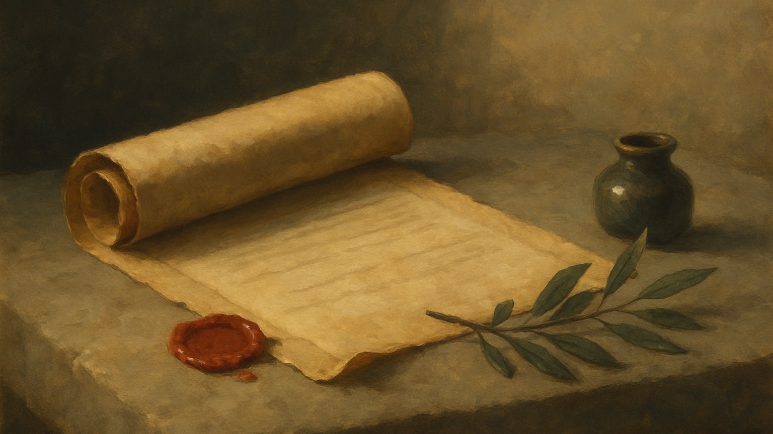 Rouleau antique partiellement déroulé sur une table de pierre, sceau brisé, encrier et branche d olivier, évocation d une lettre de Sénèque à Lucilius