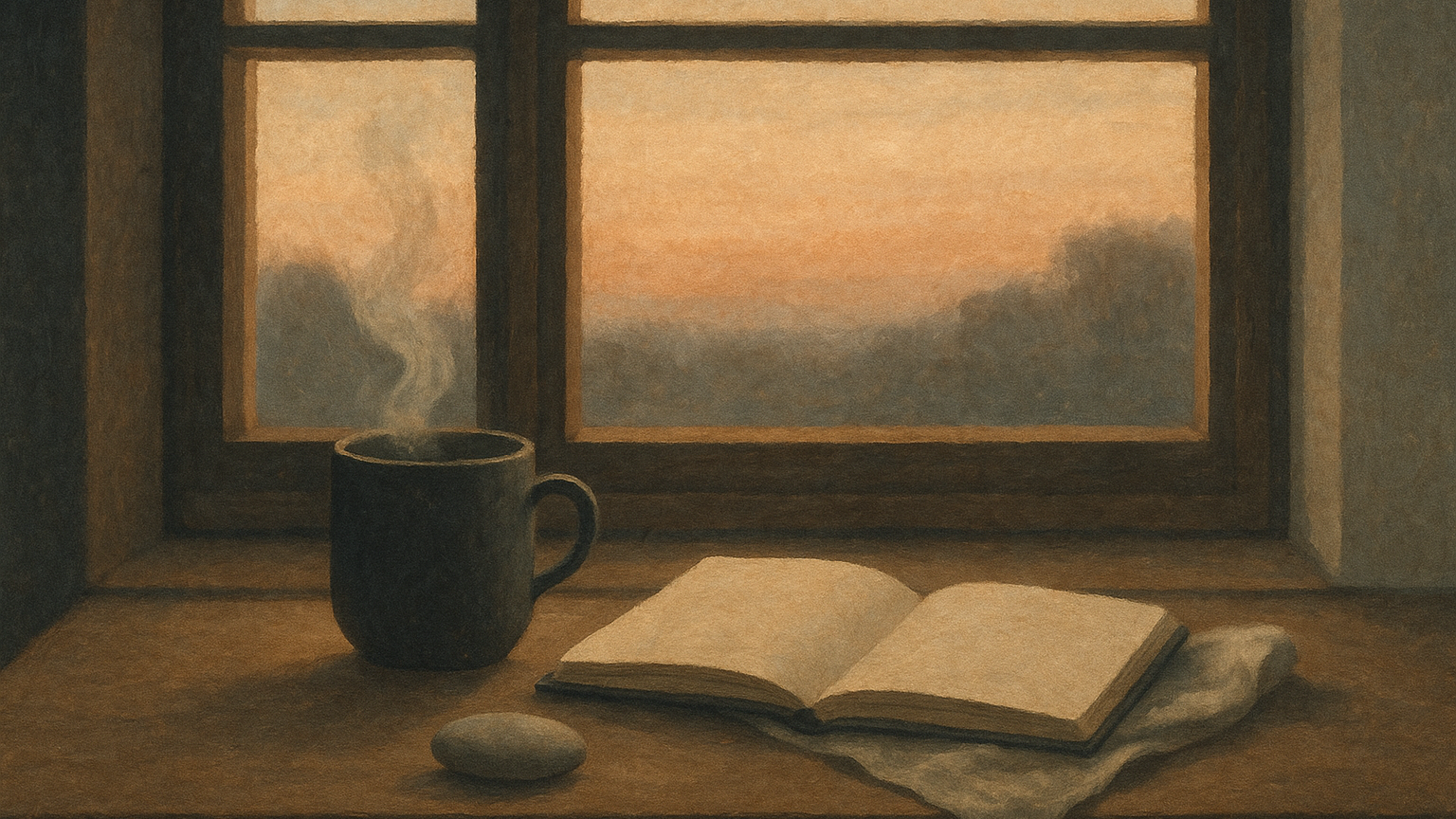Objets simples sur un rebord de fenêtre matinal, tasse fumante, carnet ouvert et pierre, atmosphère de soin de soi calme et sobre