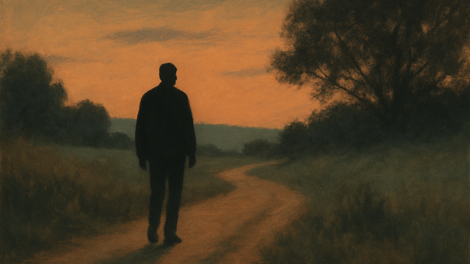 Chemin de campagne au crépuscule avec une silhouette qui marche seule, métaphore de la marche silencieuse comme soin de soi