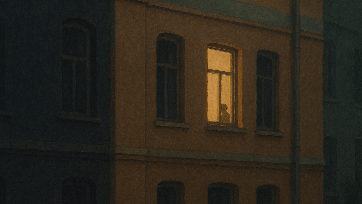 Fenêtre d immeuble éclairée doucement le soir vue de l extérieur, symbole d être seul sans être isolé