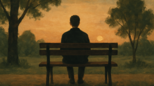 Personne vue de dos assise seule sur un banc dans un parc au coucher du soleil, posture calme de solitude choisie