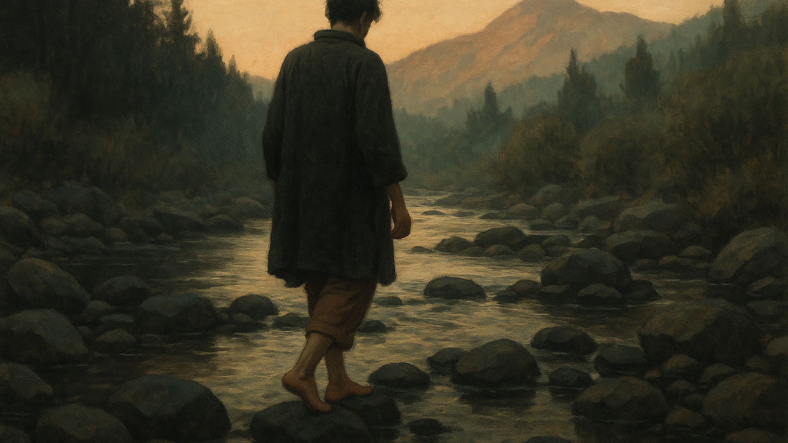 Personne marchant pieds nus lentement sur des pierres humides près d un ruisseau de montagne à l aube, attention calme à chaque pas