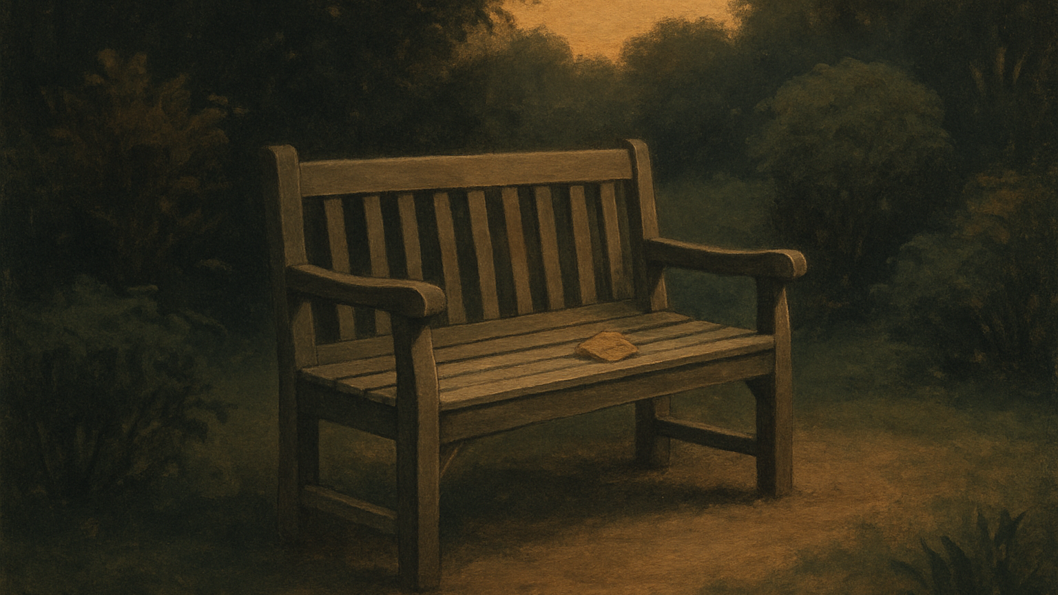 Banc en bois dans un jardin paisible au crépuscule avec une feuille tombée, présence calme sans action