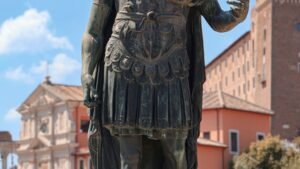 Statue de bronze d'un empereur romain a Rome, referant a Marc Aurele