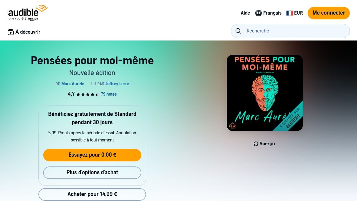 Fiche audible.fr du livre audio Pensées pour moi-même de Marc Aurèle, lu par Joffrey Lorre, avec l'essai Standard à 0 €