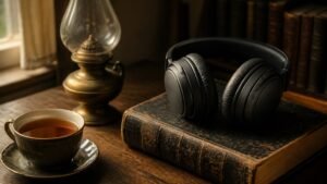 Casque audio posé sur un vieux livre relié, à côté d'une lampe à huile et d'une tasse de thé