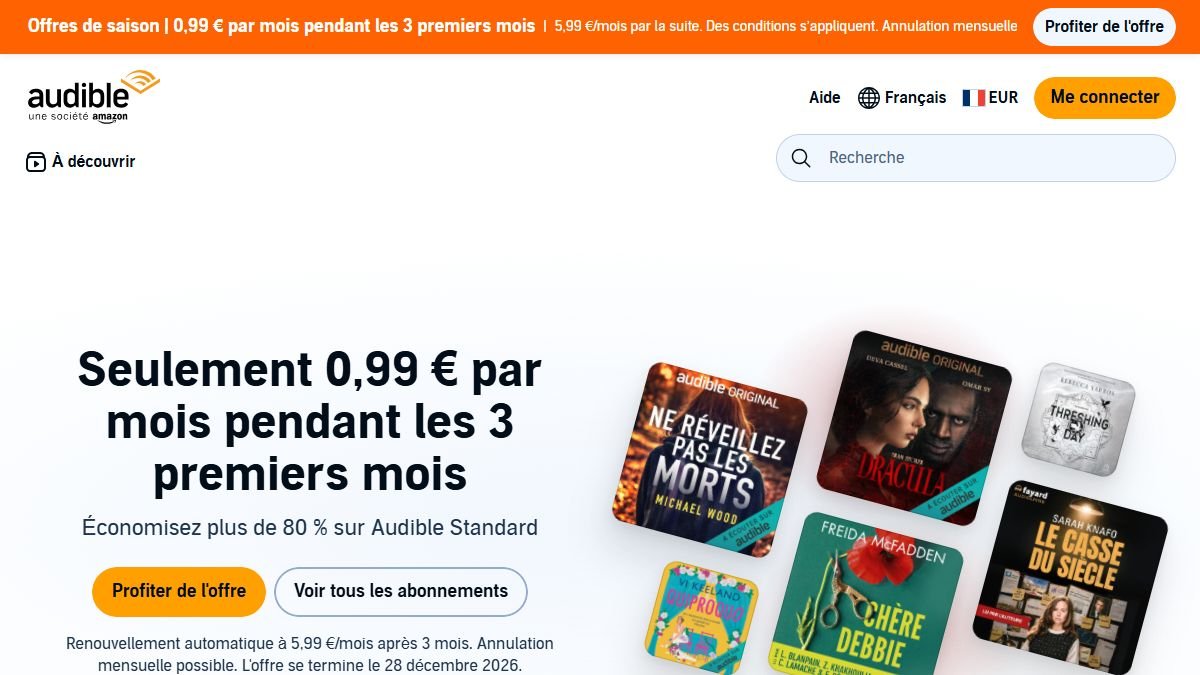Page d'accueil d'audible.fr avec l'offre à 0,99 € par mois pendant 3 mois sur Audible Standard, relevée le 24 octobre 2026