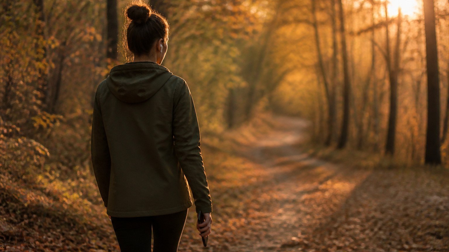 Personne vue de dos écoutant un livre audio en marchant sur un chemin forestier en automne