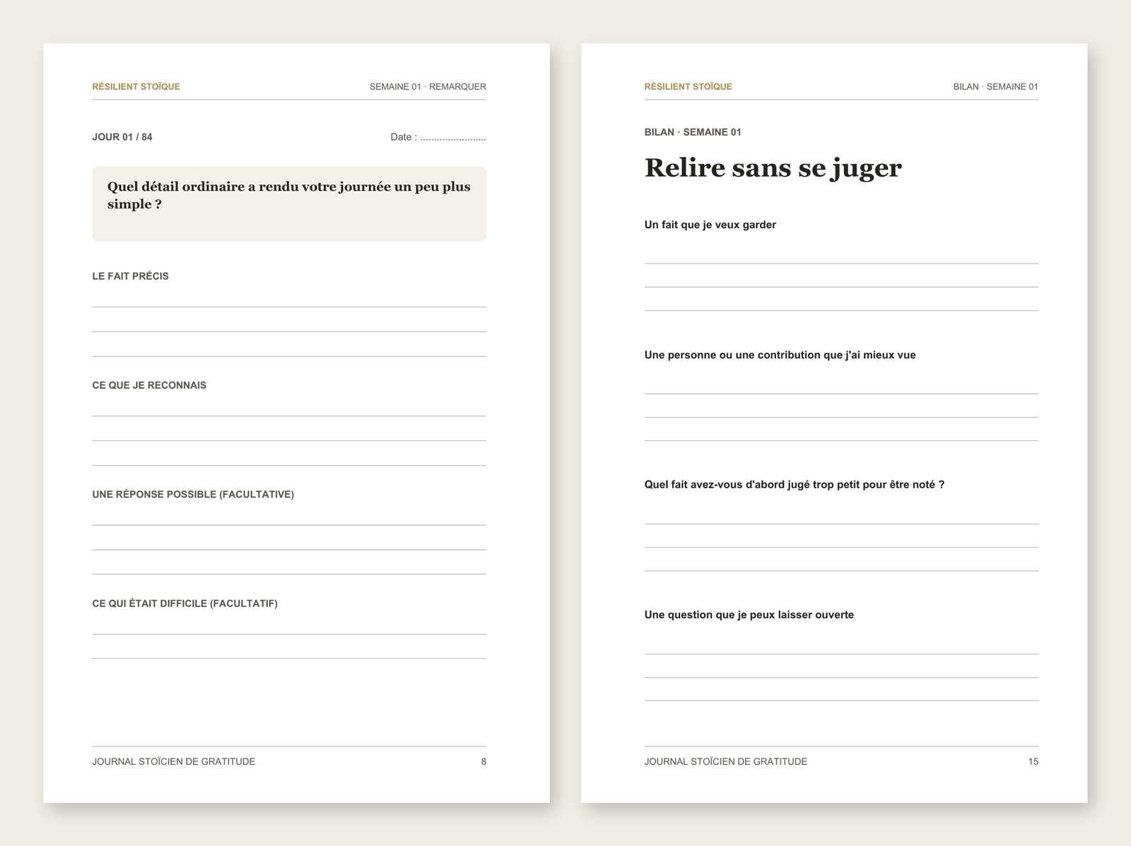 Aperçu d’une page quotidienne et d’un bilan hebdomadaire